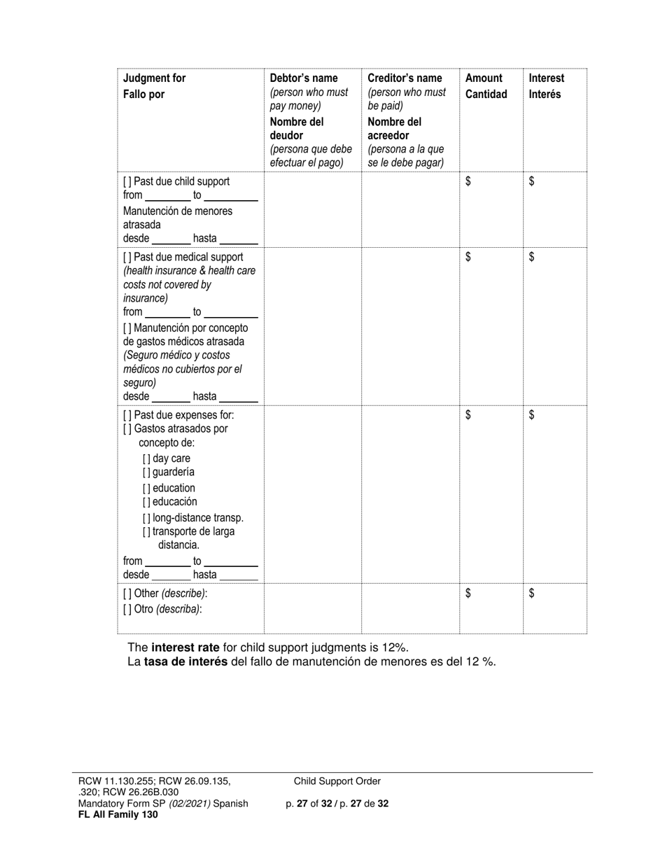 Form FL All Family130 Child Support Order - Washington (English / Spanish), Page 27