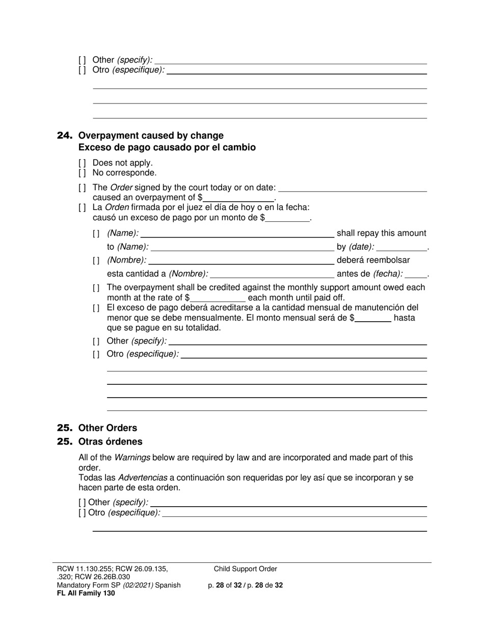 Form FL All Family130 Child Support Order - Washington (English / Spanish), Page 28