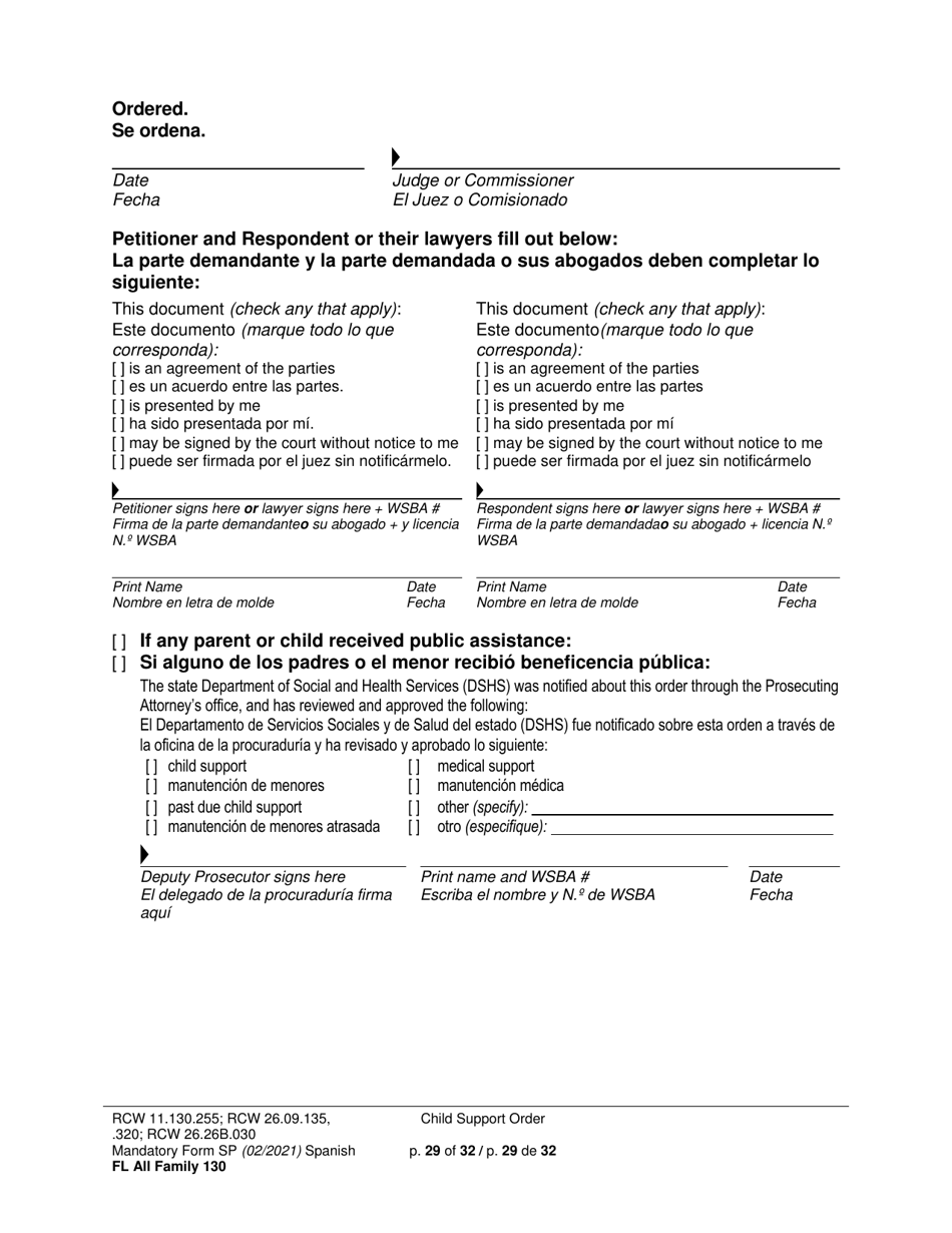 Form FL All Family130 Child Support Order - Washington (English / Spanish), Page 29