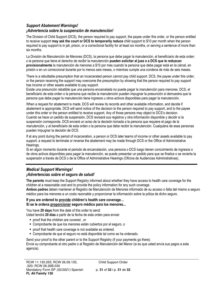 Form FL All Family130 Child Support Order - Washington (English / Spanish), Page 31