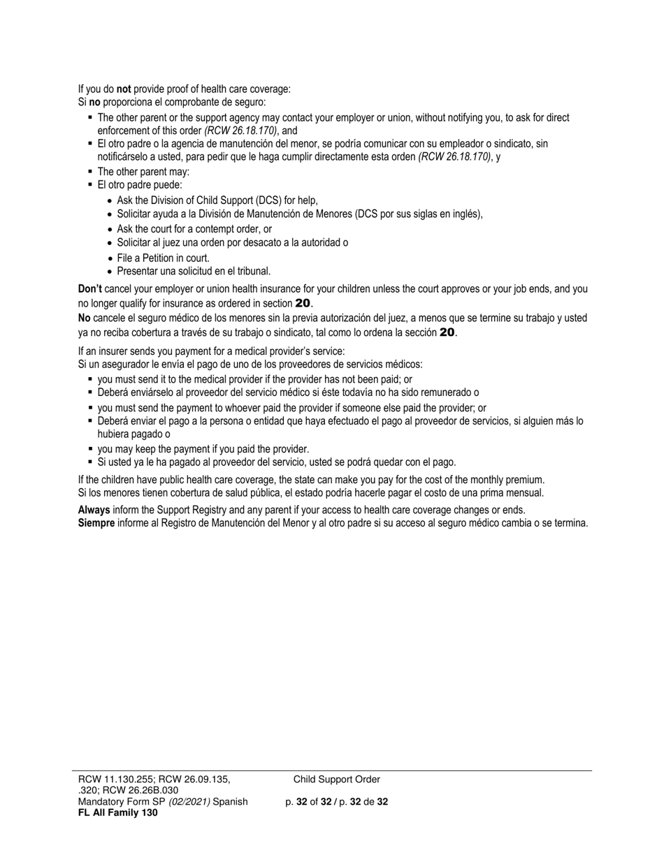 Form FL All Family130 Child Support Order - Washington (English / Spanish), Page 32