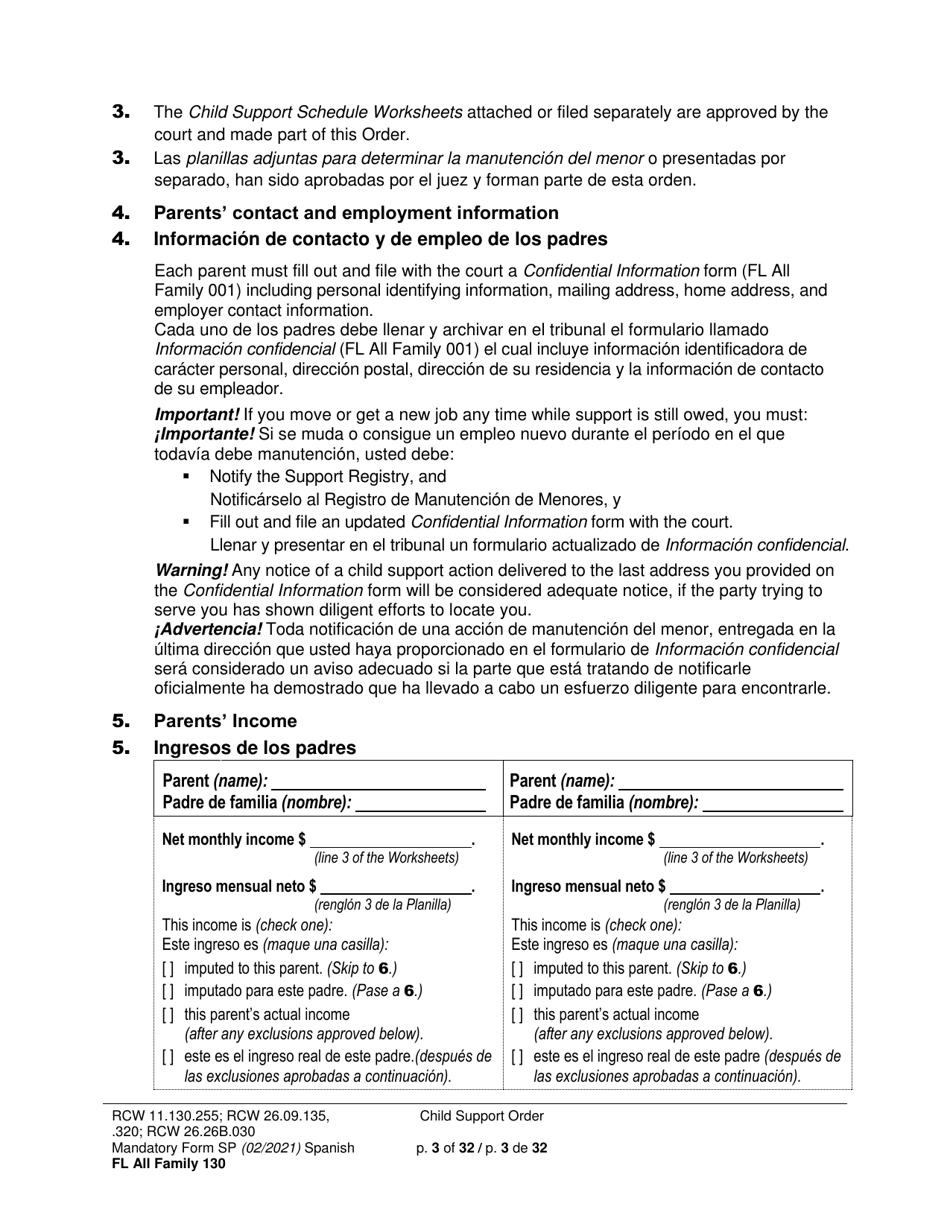 Form FL All Family130 Child Support Order - Washington (English / Spanish), Page 3
