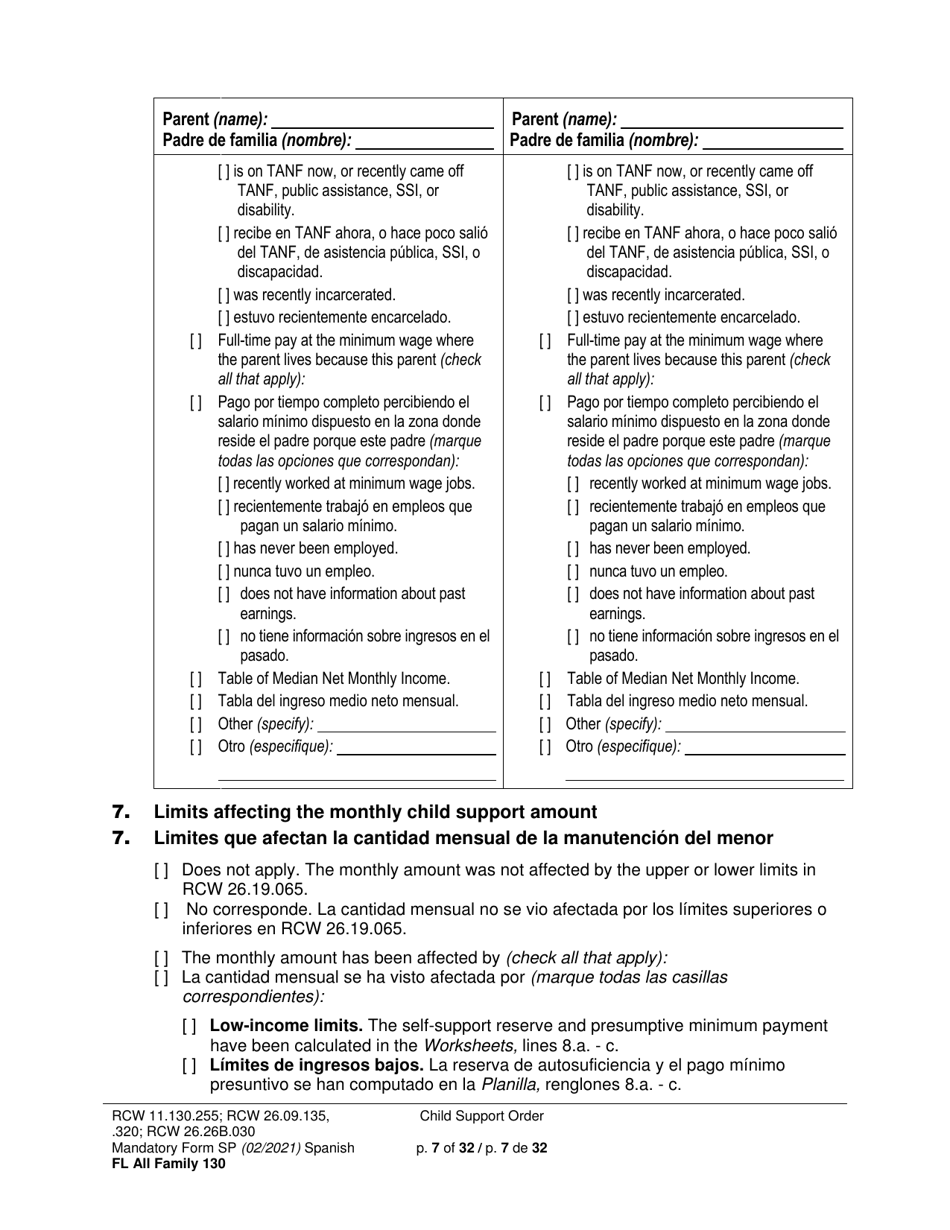 Form FL All Family130 Child Support Order - Washington (English / Spanish), Page 7