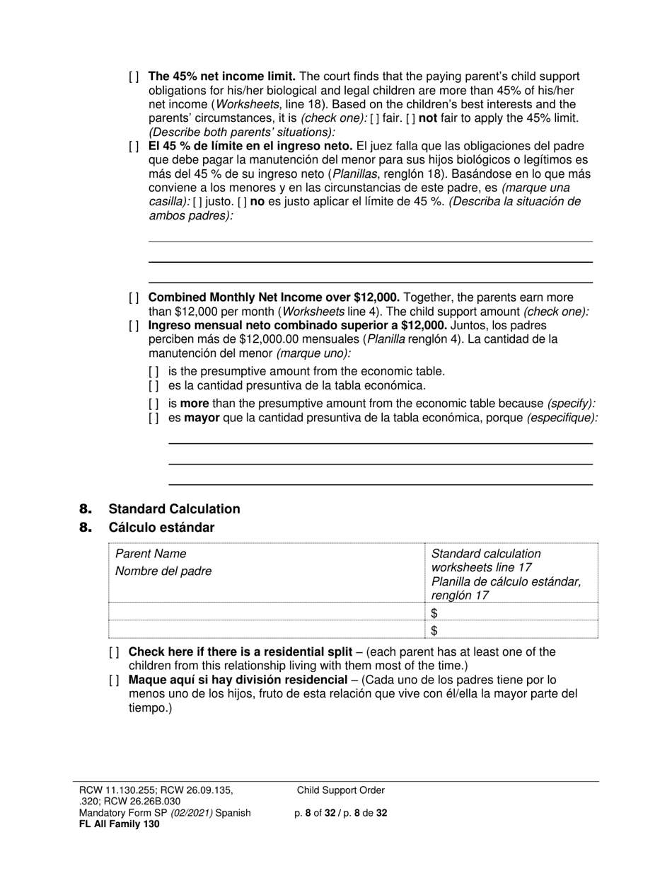 Form FL All Family130 Child Support Order - Washington (English / Spanish), Page 8