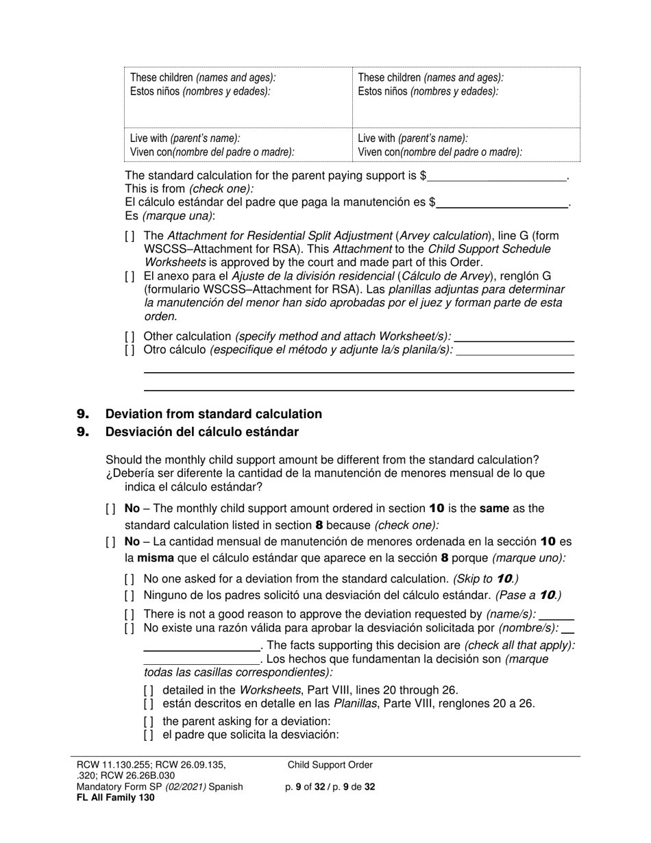 Form FL All Family130 Child Support Order - Washington (English / Spanish), Page 9