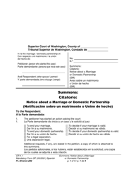 Document preview: Form FL Divorce200 Summons: Notice About a Marriage or Domestic Partnership - Washington (English/Spanish)
