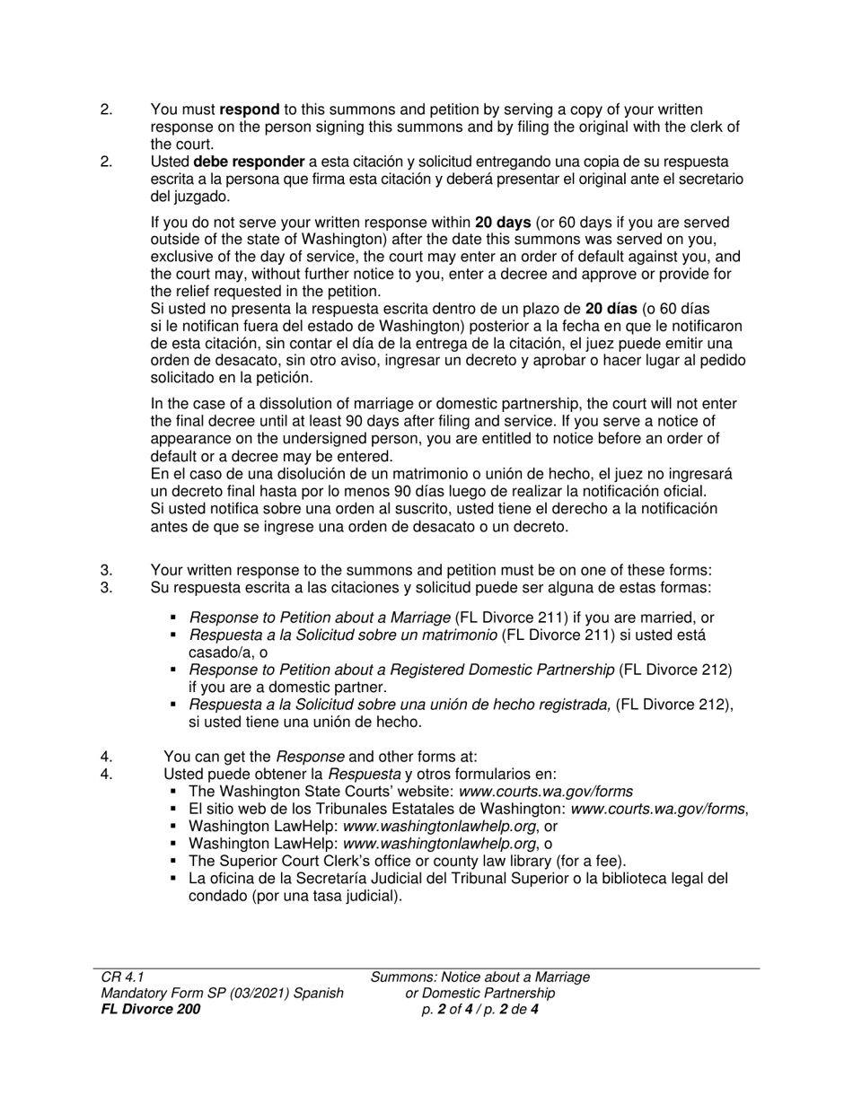 Form FL Divorce200 Summons: Notice About a Marriage or Domestic Partnership - Washington (English / Spanish), Page 2