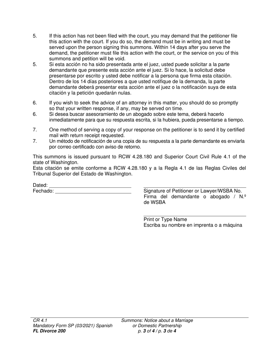 Form FL Divorce200 Summons: Notice About a Marriage or Domestic Partnership - Washington (English / Spanish), Page 3