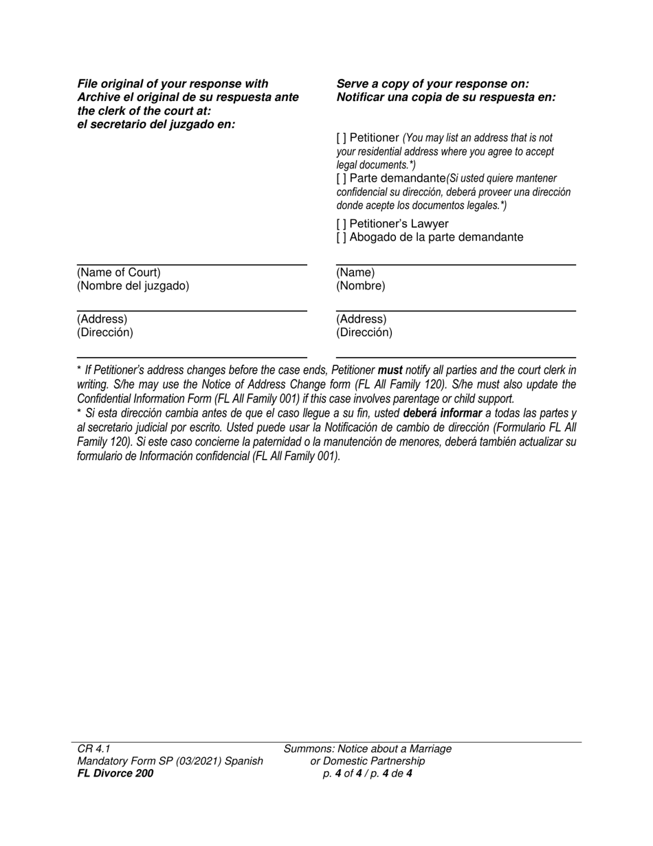 Form FL Divorce200 Summons: Notice About a Marriage or Domestic Partnership - Washington (English / Spanish), Page 4