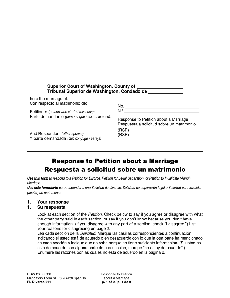 Form FL Divorce211 Response to Petition About a Marriage - Washington (English / Spanish), Page 1