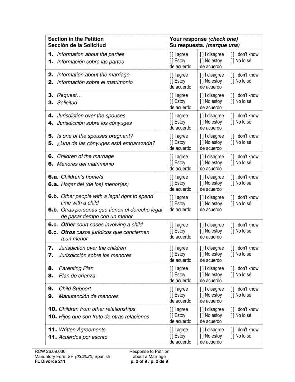 Form FL Divorce211 Response to Petition About a Marriage - Washington (English / Spanish), Page 2