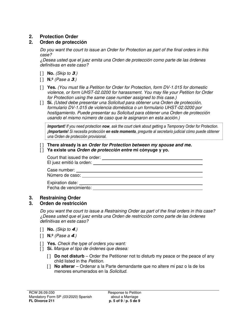 Form FL Divorce211 Response to Petition About a Marriage - Washington (English / Spanish), Page 5