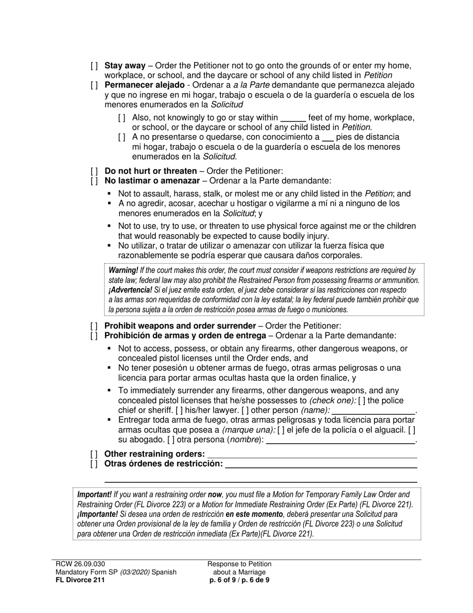 Form FL Divorce211 Response to Petition About a Marriage - Washington (English / Spanish), Page 6