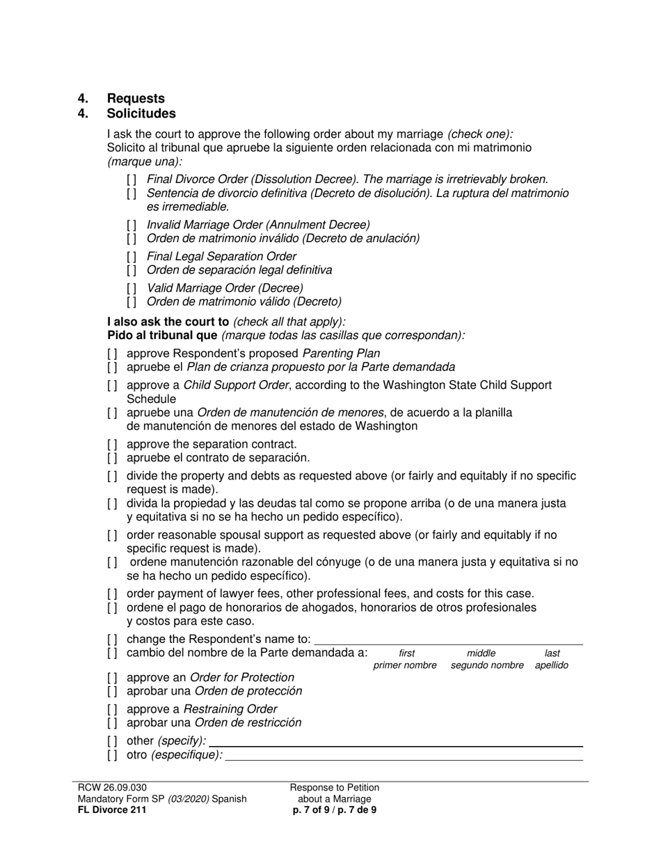 Form FL Divorce211 Response to Petition About a Marriage - Washington (English / Spanish), Page 7