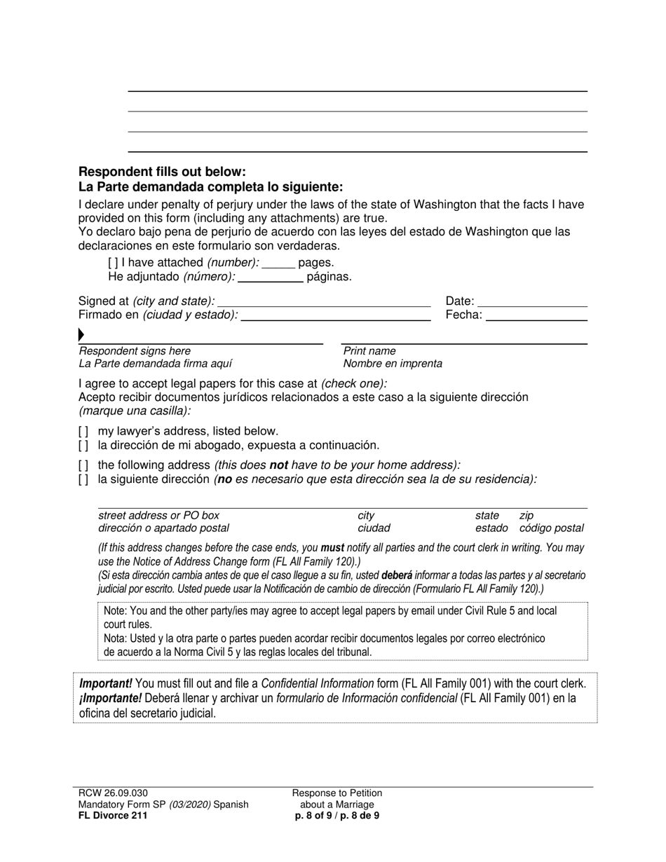 Form FL Divorce211 Response to Petition About a Marriage - Washington (English / Spanish), Page 8