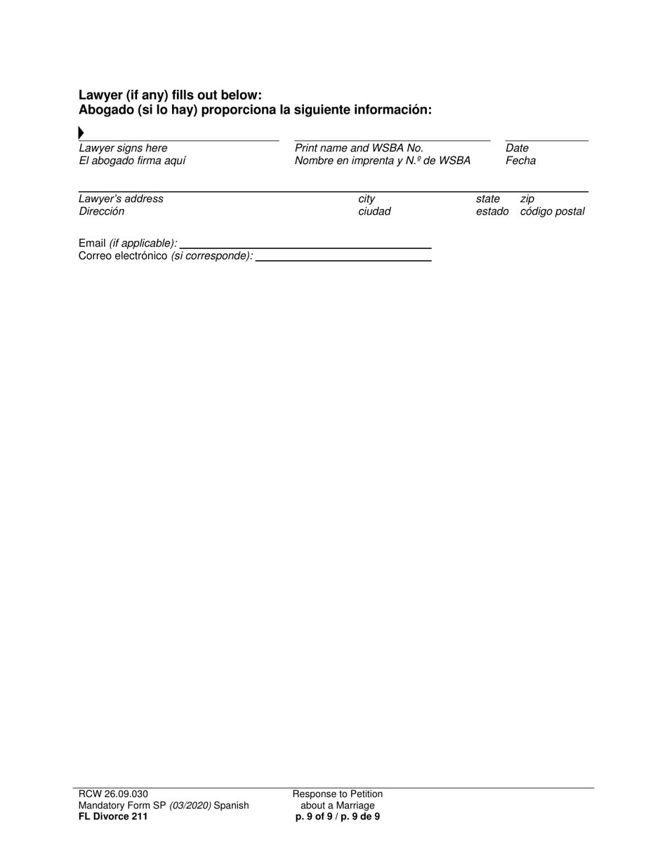 Form FL Divorce211 Response to Petition About a Marriage - Washington (English / Spanish), Page 9