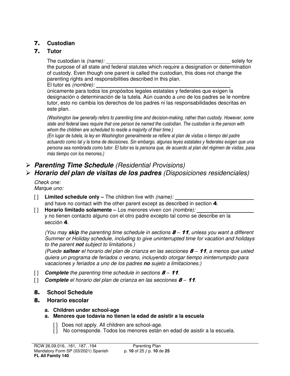 Form FL All Family140 Parenting Plan - Washington (English / Spanish), Page 10