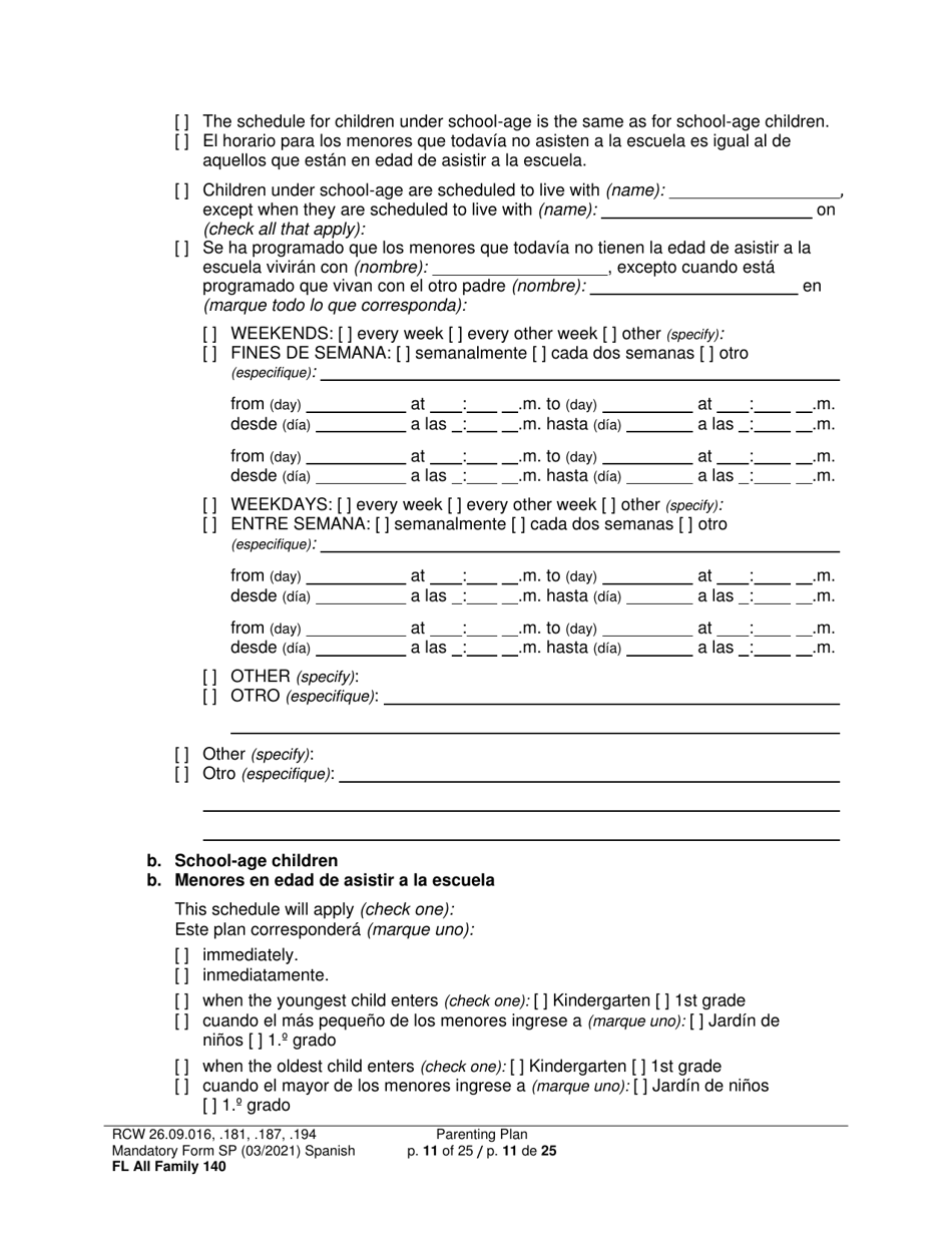 Form FL All Family140 Parenting Plan - Washington (English / Spanish), Page 11