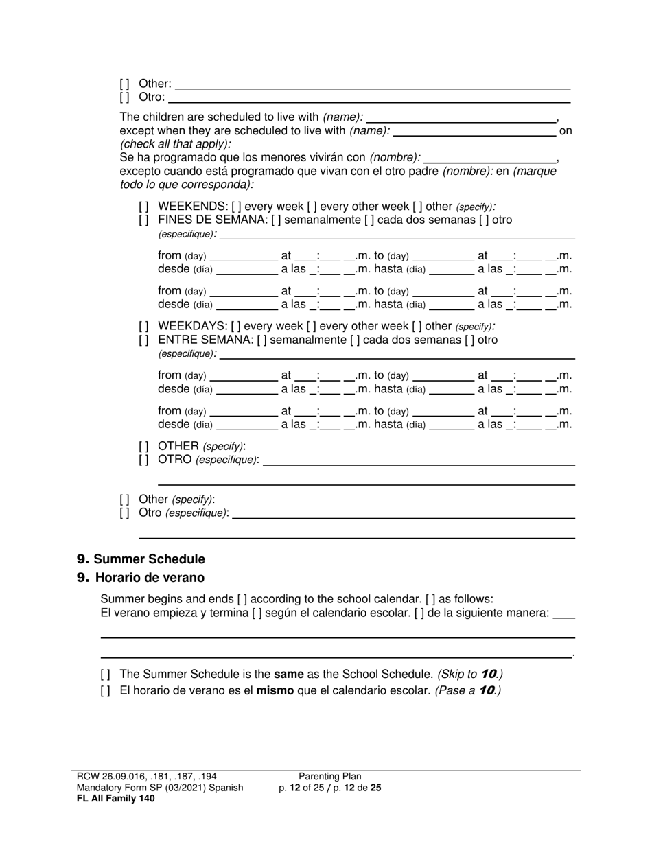 Form FL All Family140 Parenting Plan - Washington (English / Spanish), Page 12