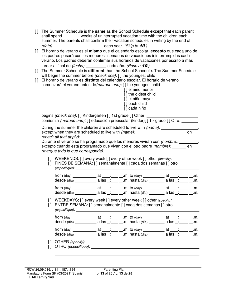 Form FL All Family140 Parenting Plan - Washington (English / Spanish), Page 13