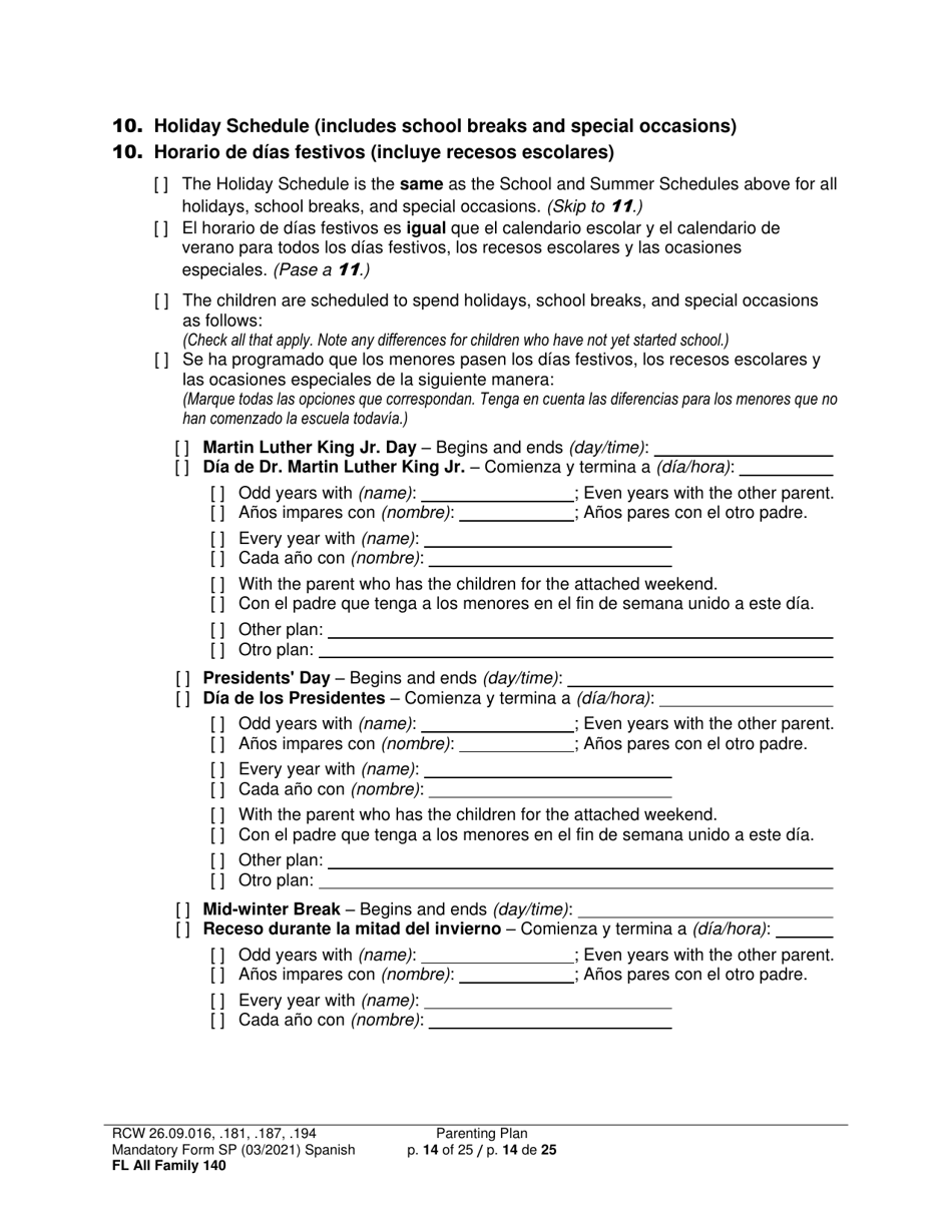 Form FL All Family140 Parenting Plan - Washington (English / Spanish), Page 14