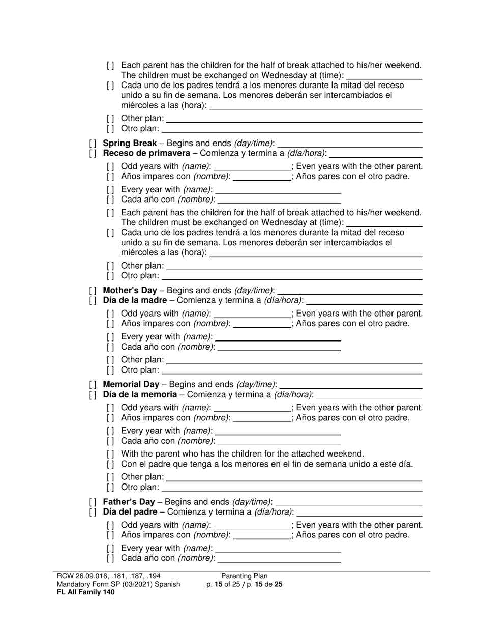 Form FL All Family140 Parenting Plan - Washington (English / Spanish), Page 15