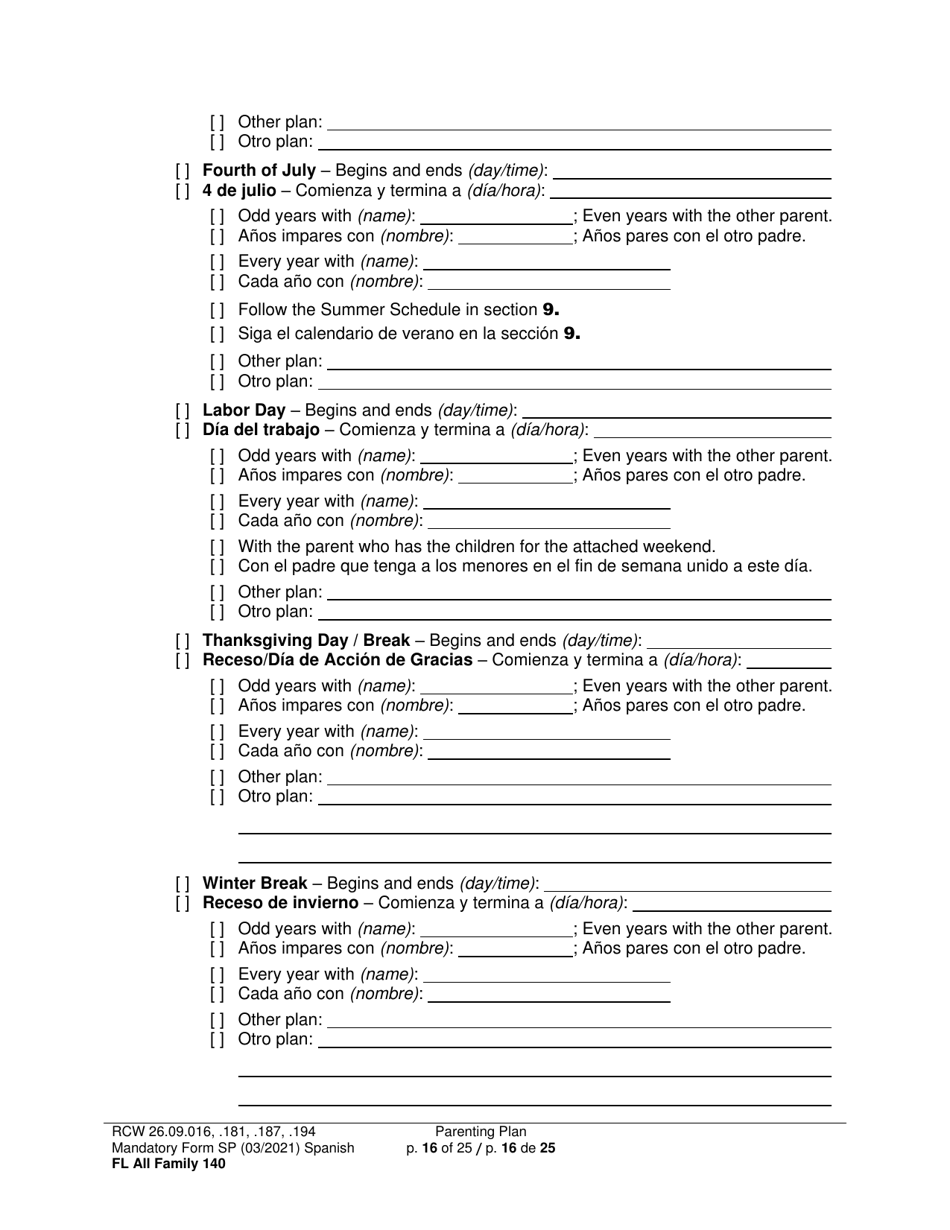Form FL All Family140 Parenting Plan - Washington (English / Spanish), Page 16