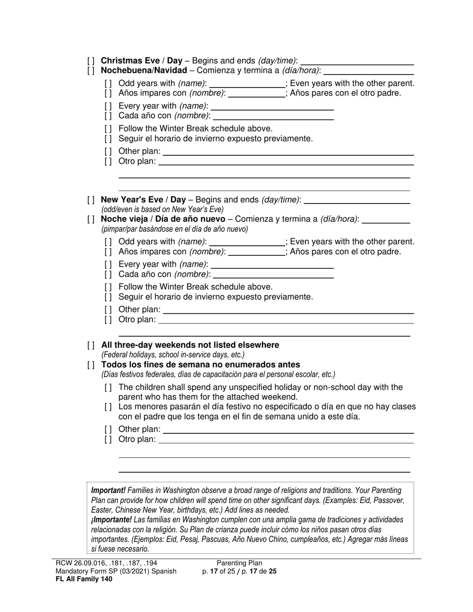 Form FL All Family140 Parenting Plan - Washington (English / Spanish), Page 17