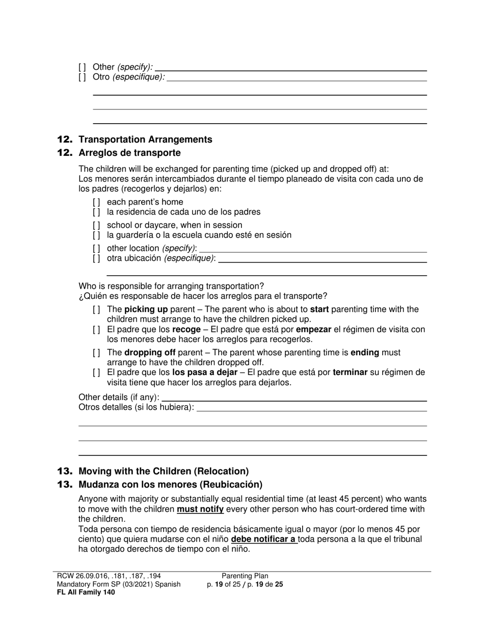Form FL All Family140 Parenting Plan - Washington (English / Spanish), Page 19