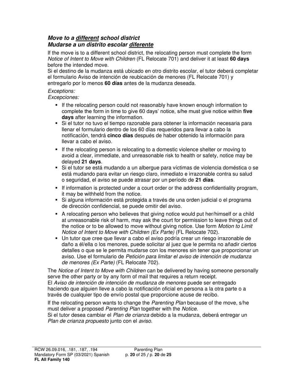 Form FL All Family140 Parenting Plan - Washington (English / Spanish), Page 20