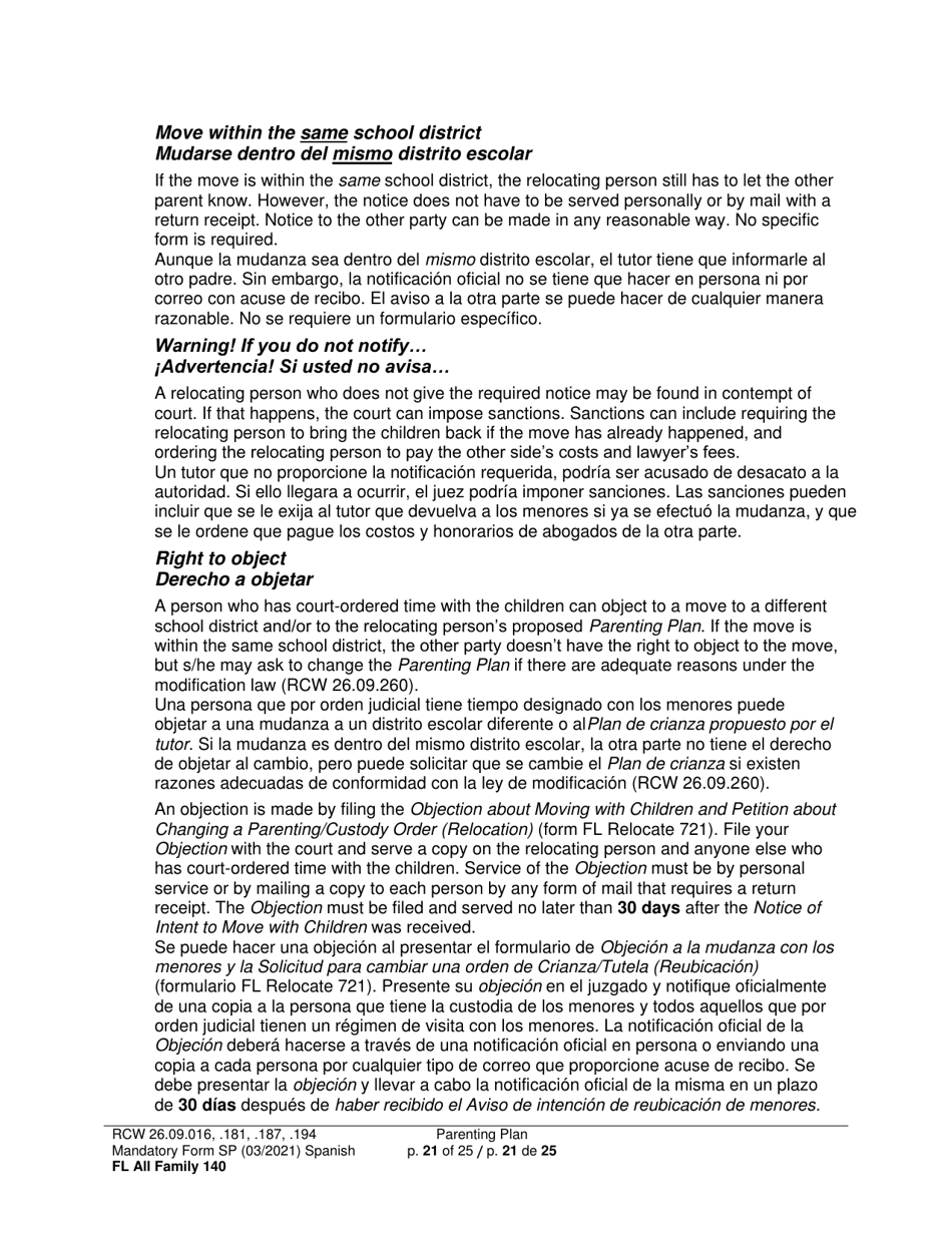 Form FL All Family140 Parenting Plan - Washington (English / Spanish), Page 21