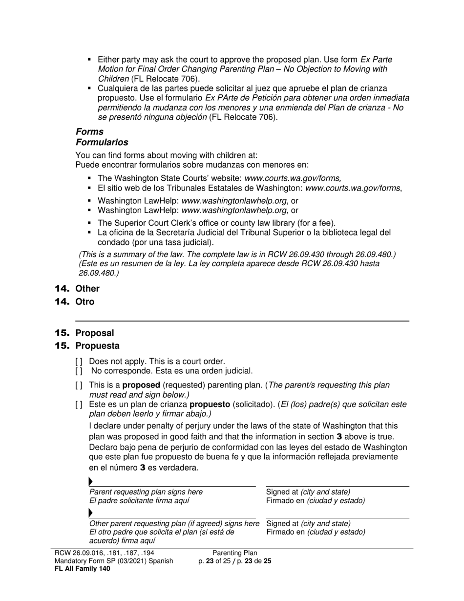 Form FL All Family140 Parenting Plan - Washington (English / Spanish), Page 23
