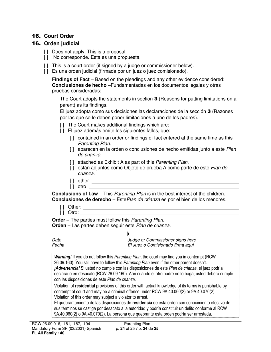 Form FL All Family140 Parenting Plan - Washington (English / Spanish), Page 24