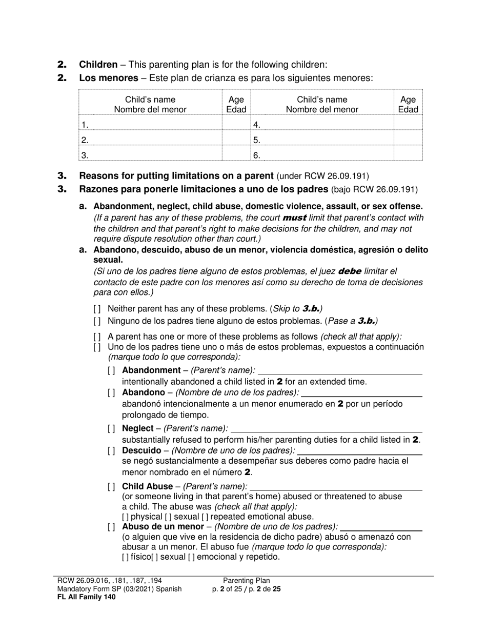 Form FL All Family140 Parenting Plan - Washington (English / Spanish), Page 2
