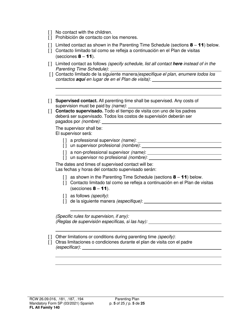 Form FL All Family140 Parenting Plan - Washington (English / Spanish), Page 5