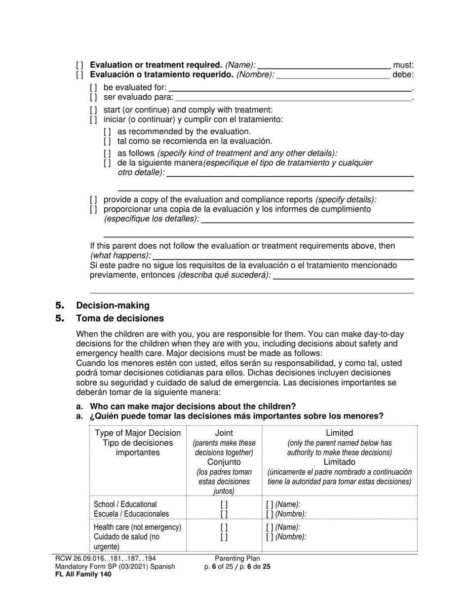 Form FL All Family140 Parenting Plan - Washington (English / Spanish), Page 6