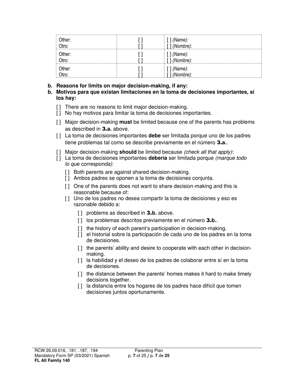 Form FL All Family140 Parenting Plan - Washington (English / Spanish), Page 7