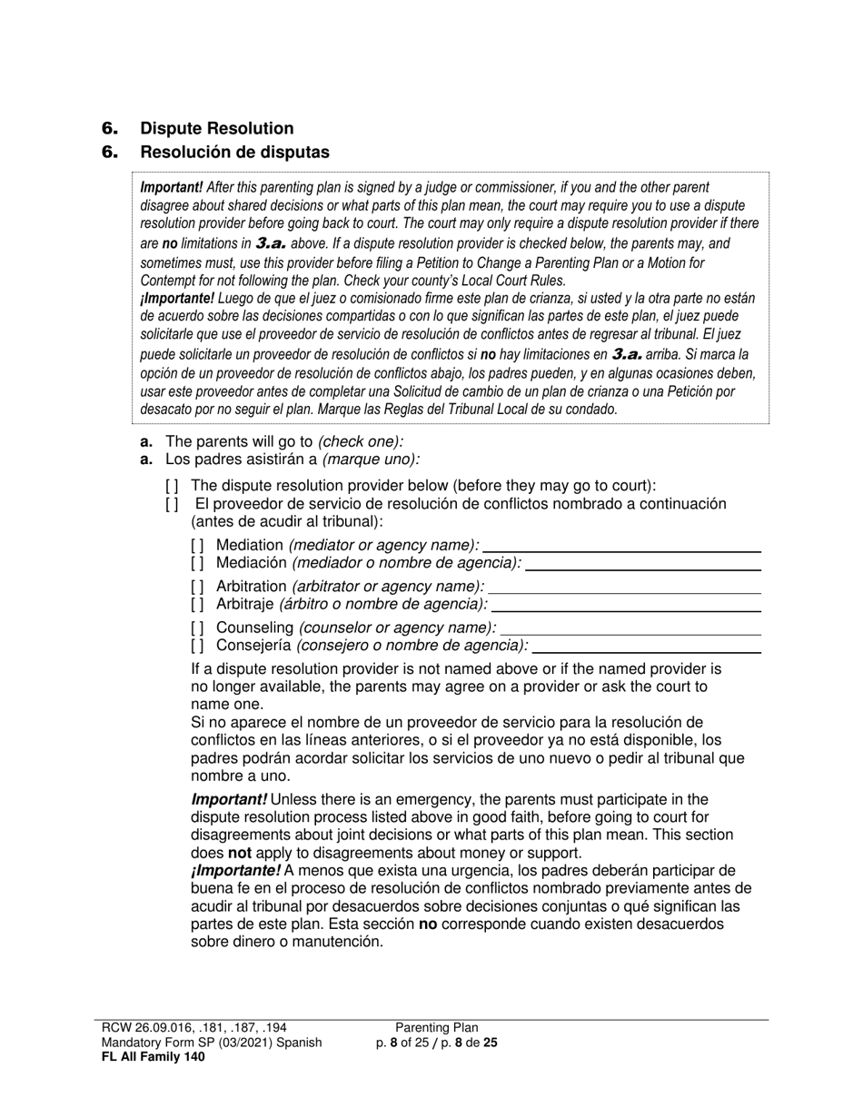 Form FL All Family140 Parenting Plan - Washington (English / Spanish), Page 8