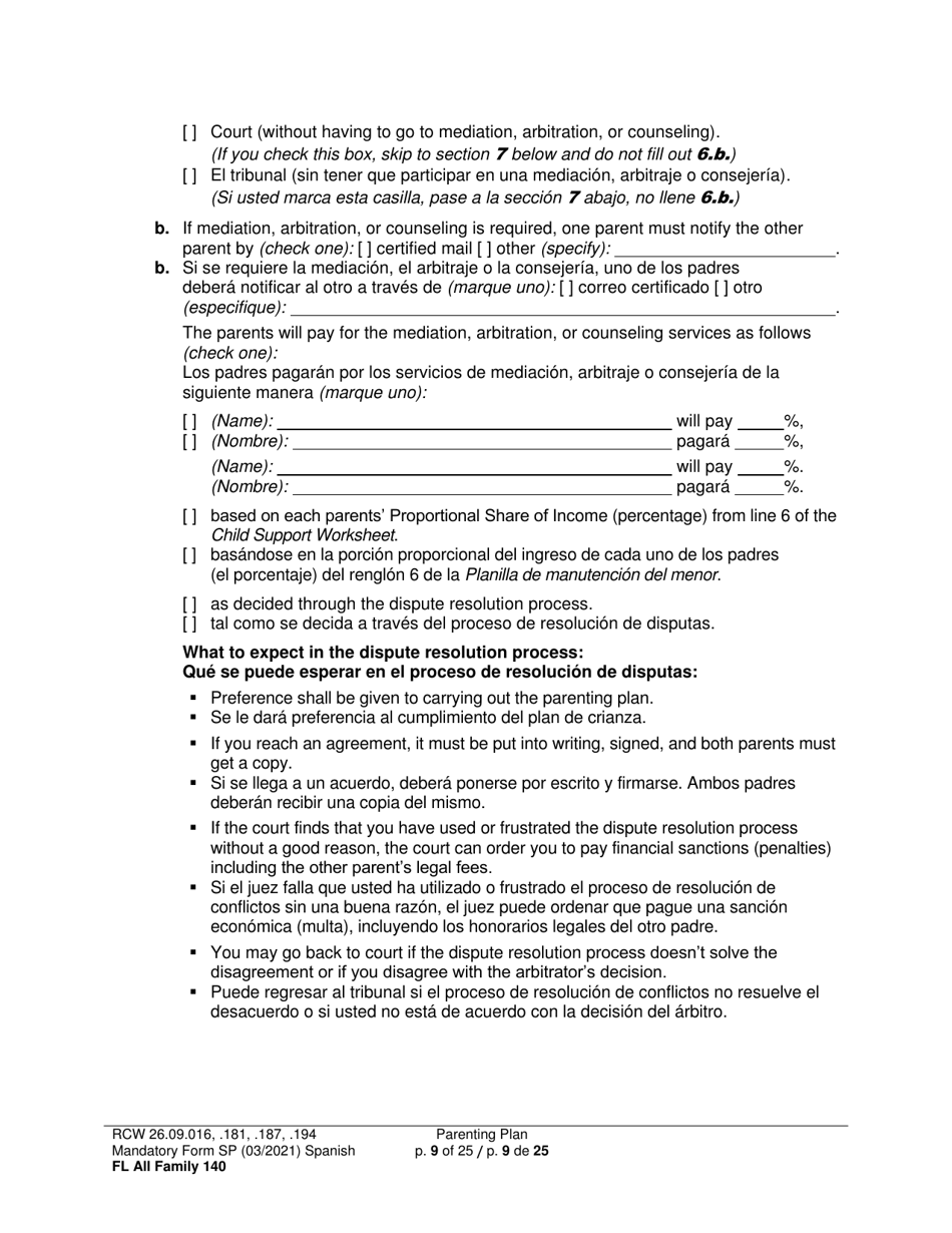 Form FL All Family140 Parenting Plan - Washington (English / Spanish), Page 9
