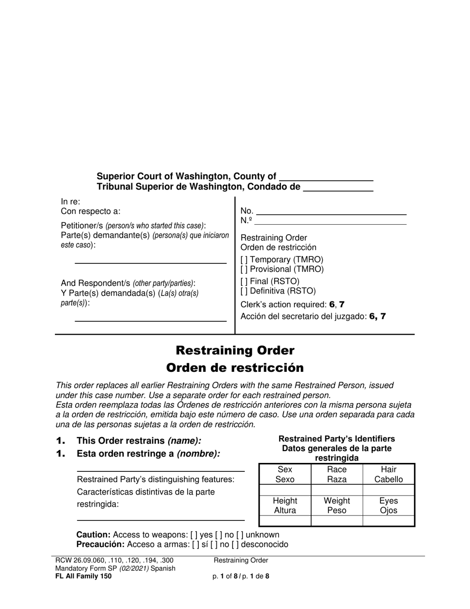 Form FL All Family150 Restraining Order - Washington (English / Spanish), Page 1