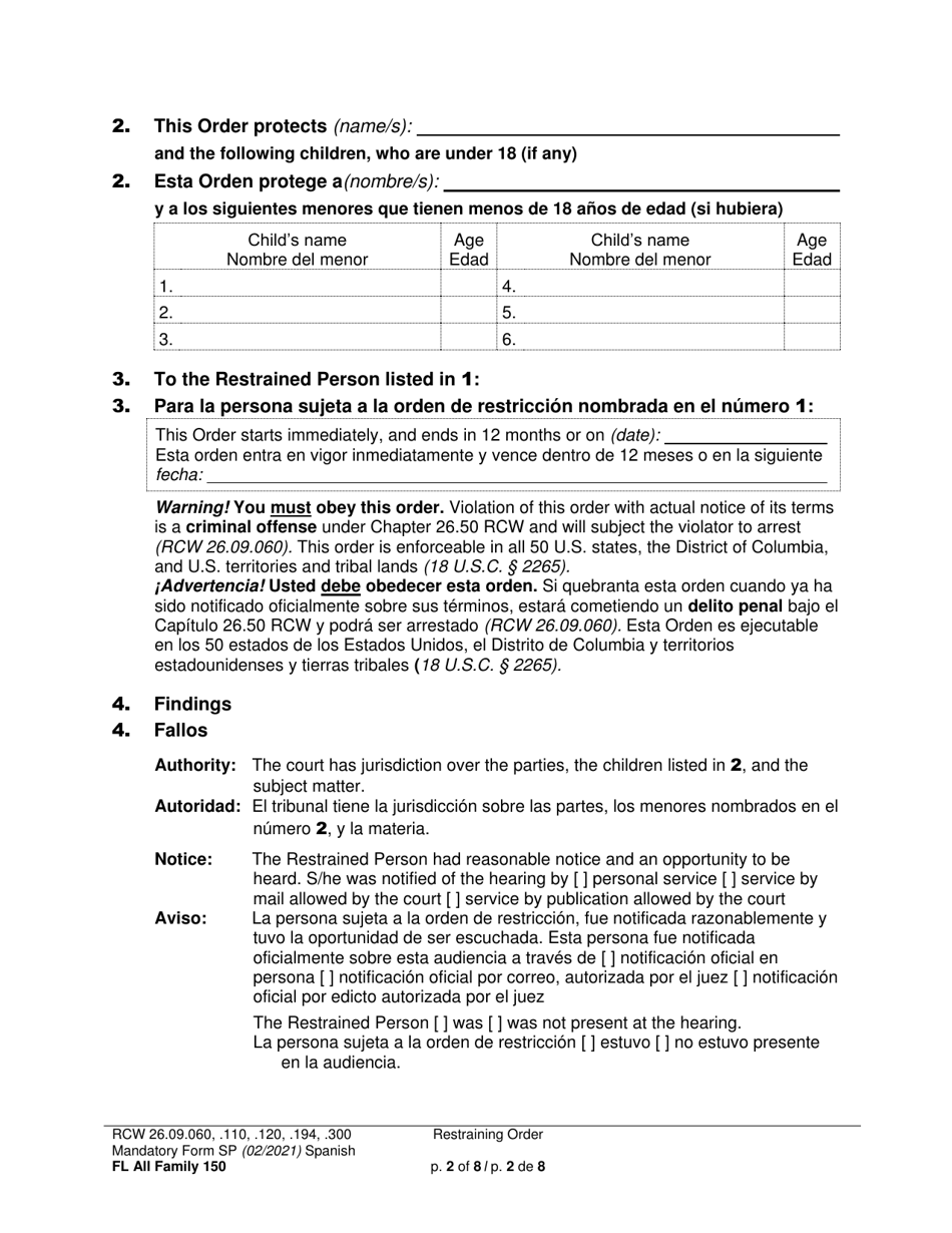 Form FL All Family150 Restraining Order - Washington (English / Spanish), Page 2