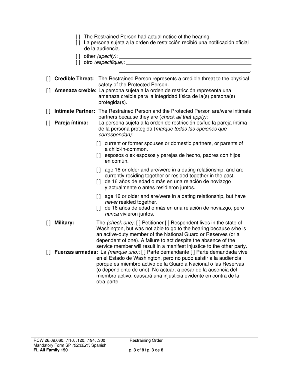 Form FL All Family150 Restraining Order - Washington (English / Spanish), Page 3