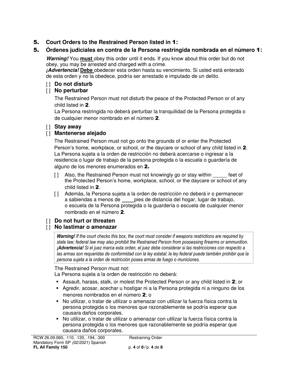 Form FL All Family150 Restraining Order - Washington (English / Spanish), Page 4