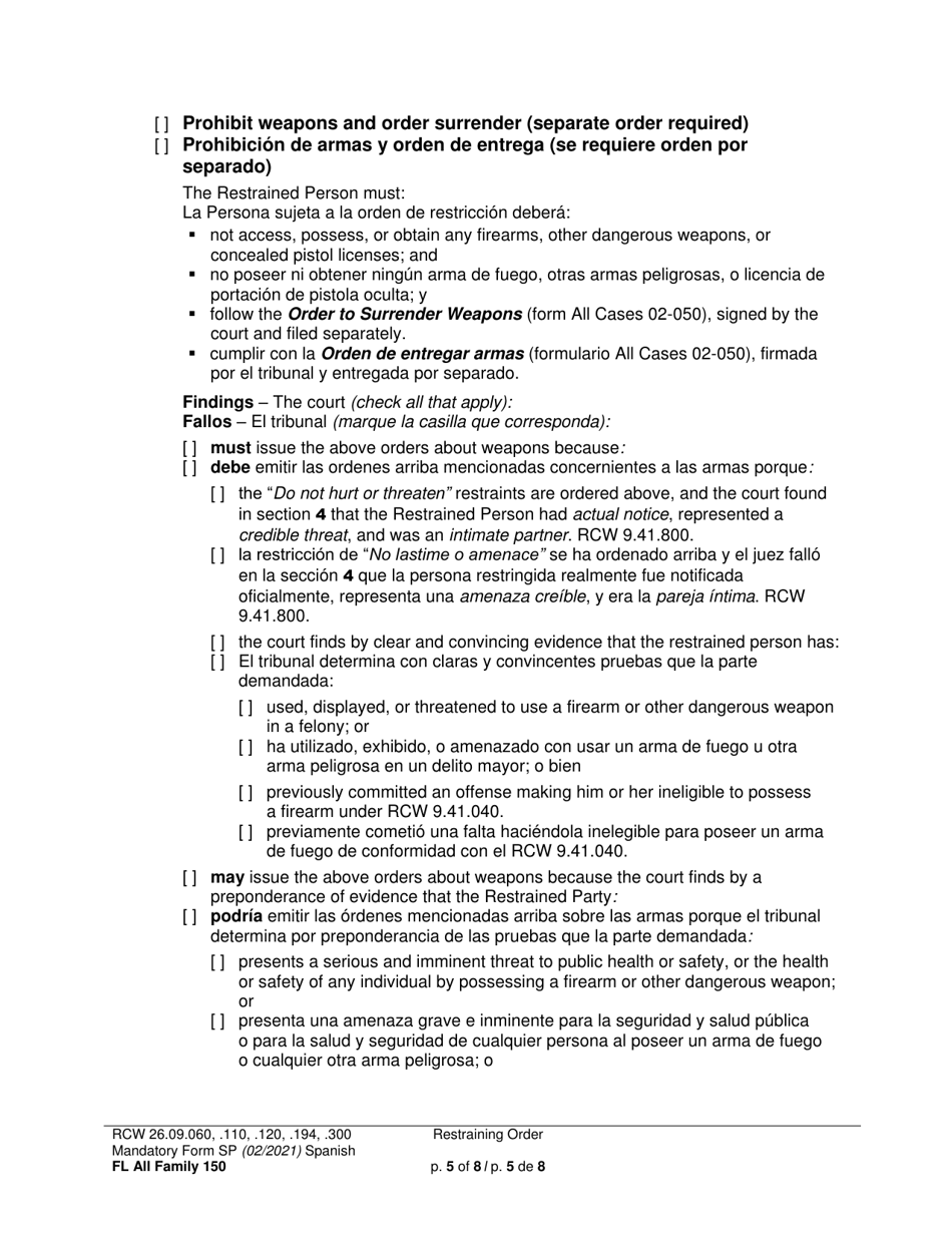 Form FL All Family150 Restraining Order - Washington (English / Spanish), Page 5