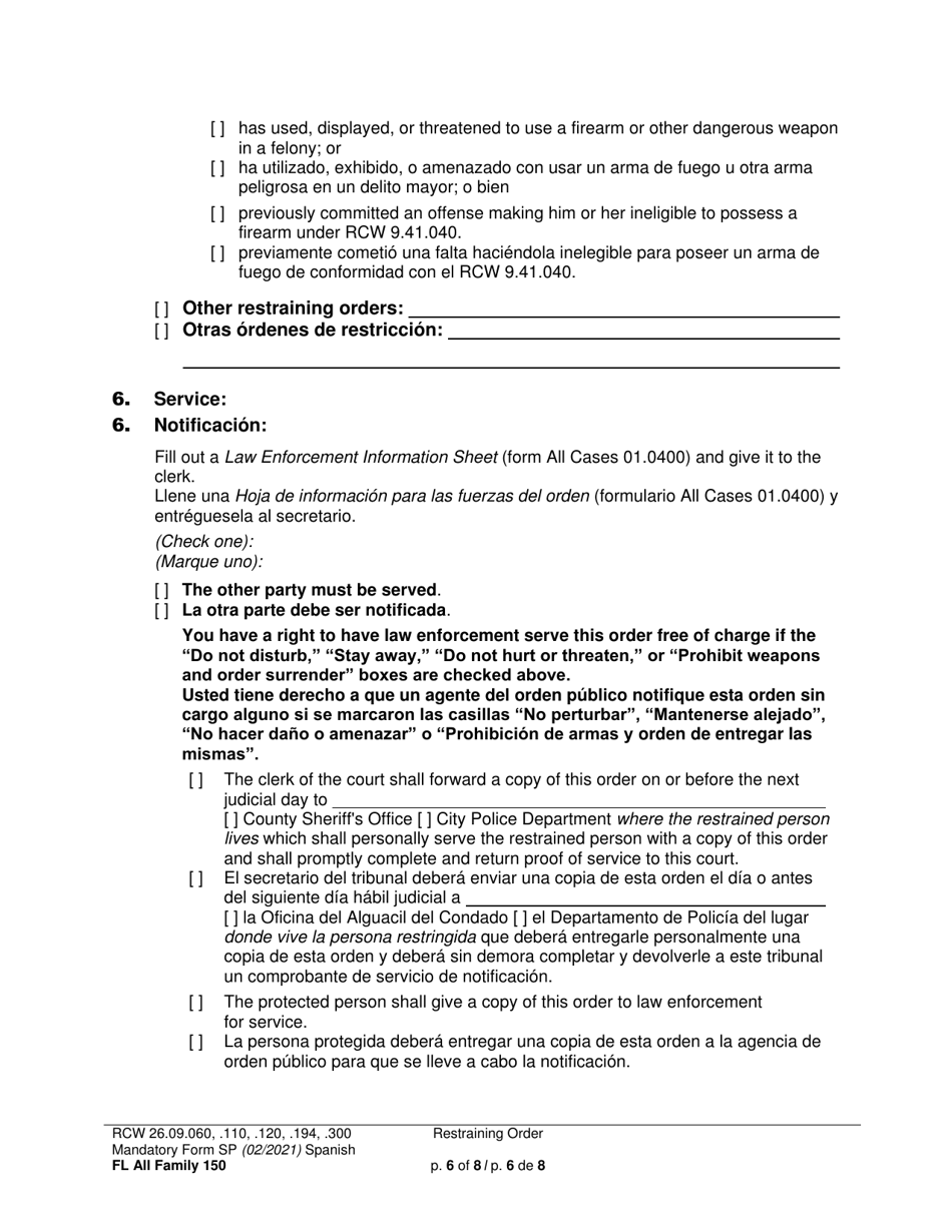 Form FL All Family150 Restraining Order - Washington (English / Spanish), Page 6