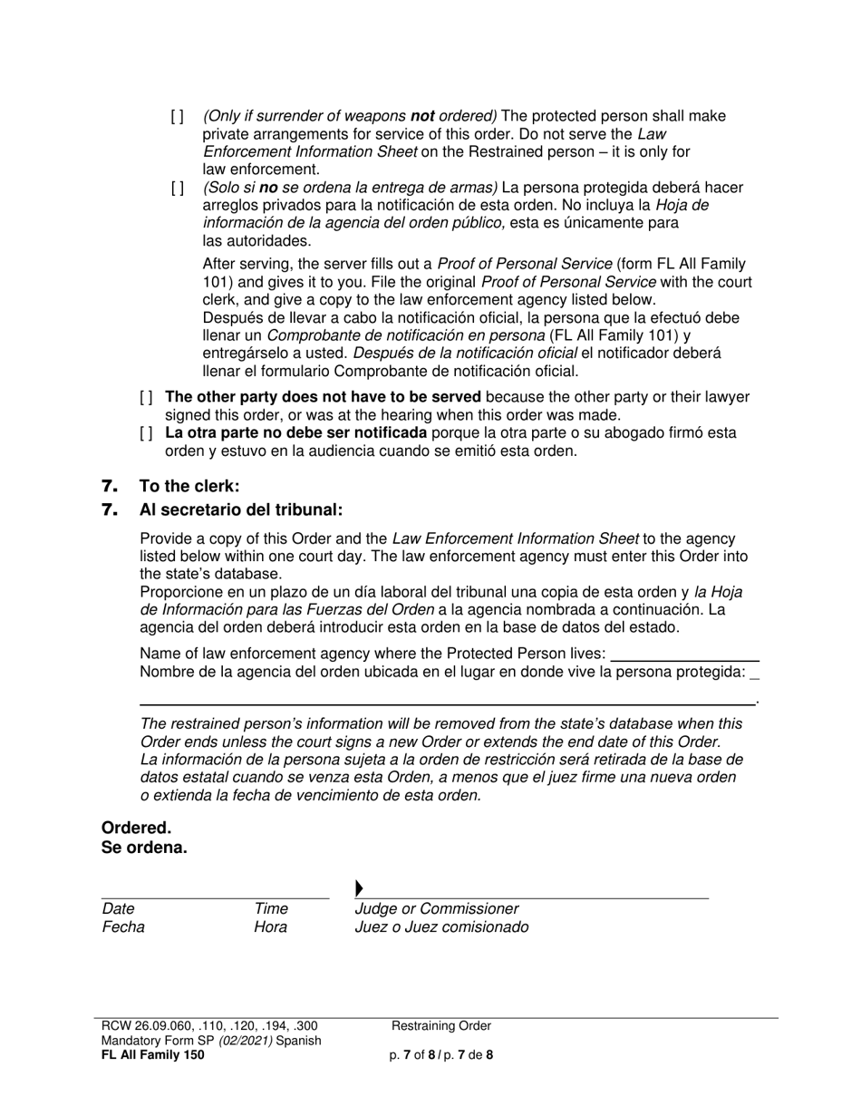 Form FL All Family150 Restraining Order - Washington (English / Spanish), Page 7