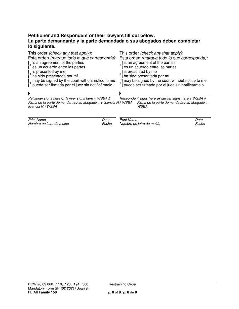 Form FL All Family150 Restraining Order - Washington (English / Spanish), Page 8