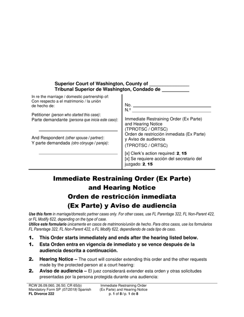 Form FL Divorce222 Immediate Restraining Order (Ex Parte) and Hearing Notice - Washington (English/Spanish)