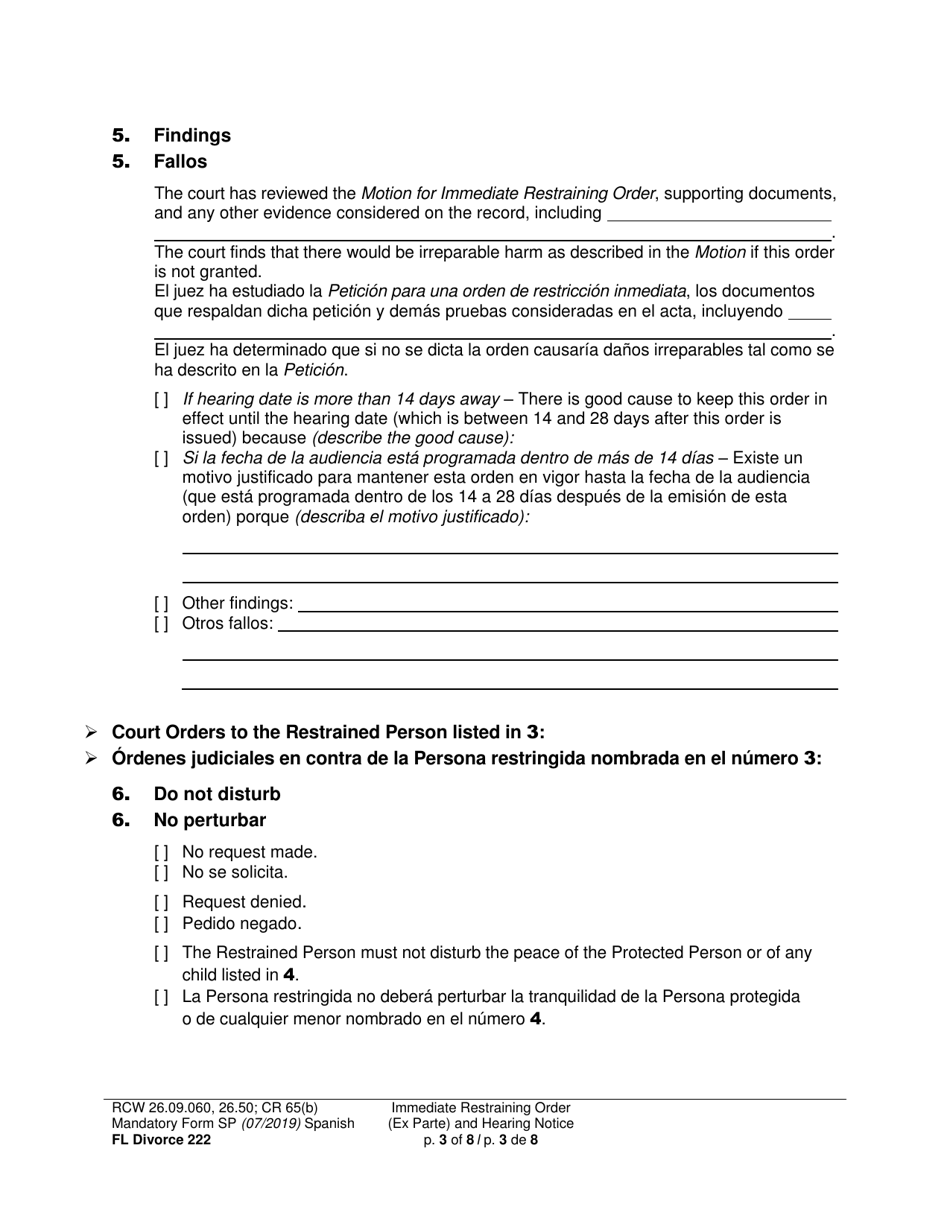 Form FL Divorce222 Immediate Restraining Order (Ex Parte) and Hearing Notice - Washington (English / Spanish), Page 3