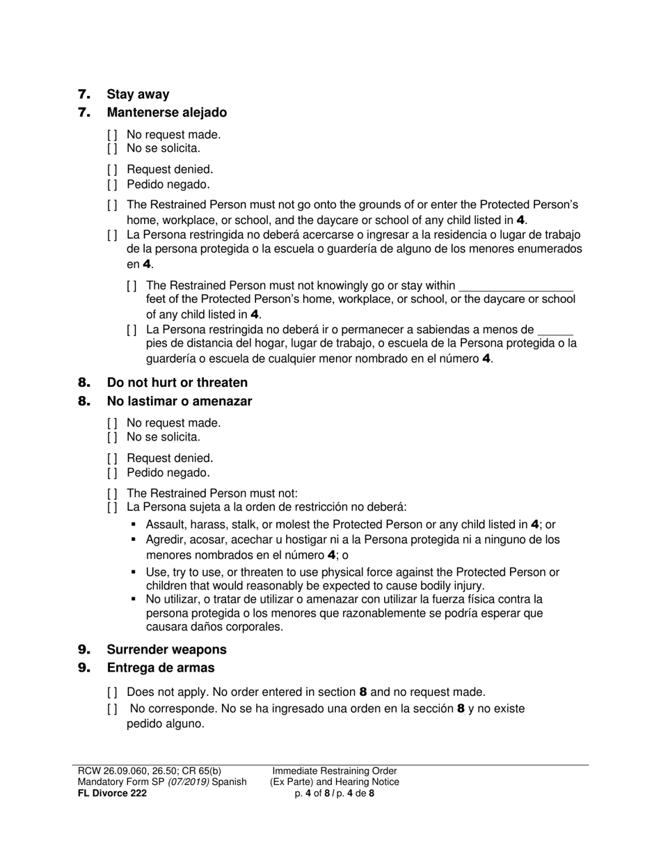 Form FL Divorce222 Immediate Restraining Order (Ex Parte) and Hearing Notice - Washington (English / Spanish), Page 4